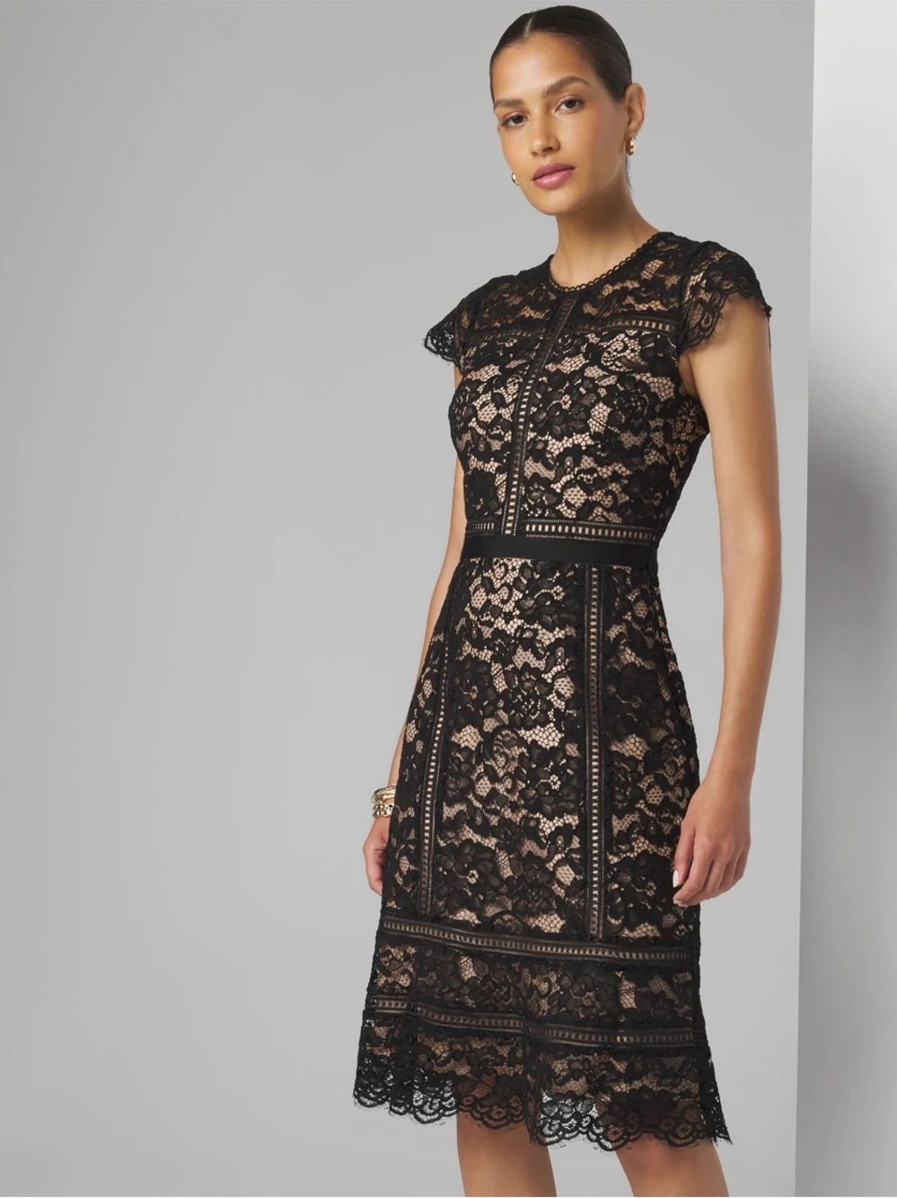 WHBM NWT Women’s Black Lace Sheath Wedding Guest Dress with Nude Lining Size 14